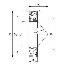角接觸球軸承 7230-B-MP, 根據 DIN 628-1 標準的主要尺寸，接觸角 α = 40°