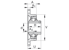 軸承座單元 RCJTY1-1/4, 對角法蘭軸承座單元，鑄鐵，根據 ABMA 15 - 1991, ABMA 14 - 1991, ISO3228 內圈帶有平頭螺栓，R型密封，英制
